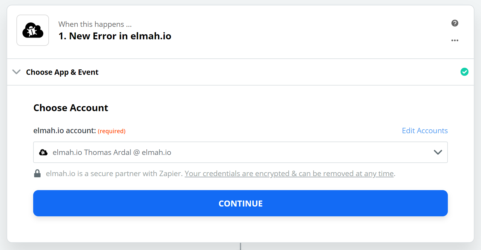 elmah.io account selected on Zapier